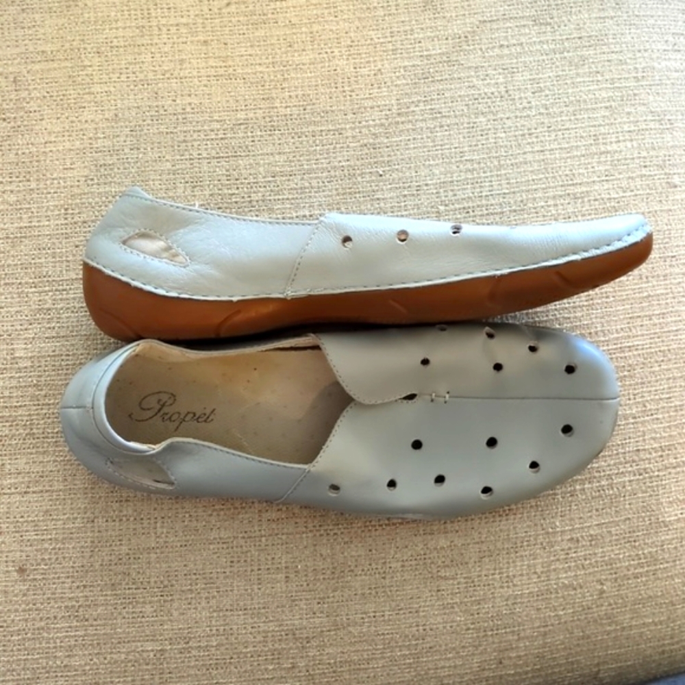 Propet Light Blue-Grey Leather Slip On Loafers